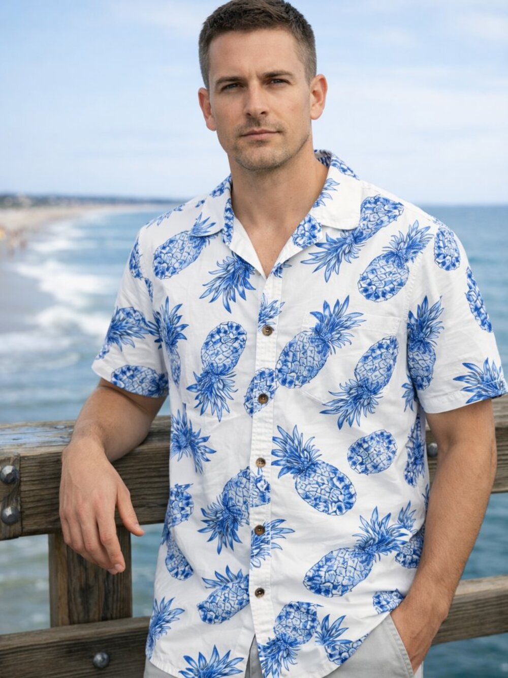 Milano Bay White and blue Pineapple Prints Hawaiian Shirt Size Large